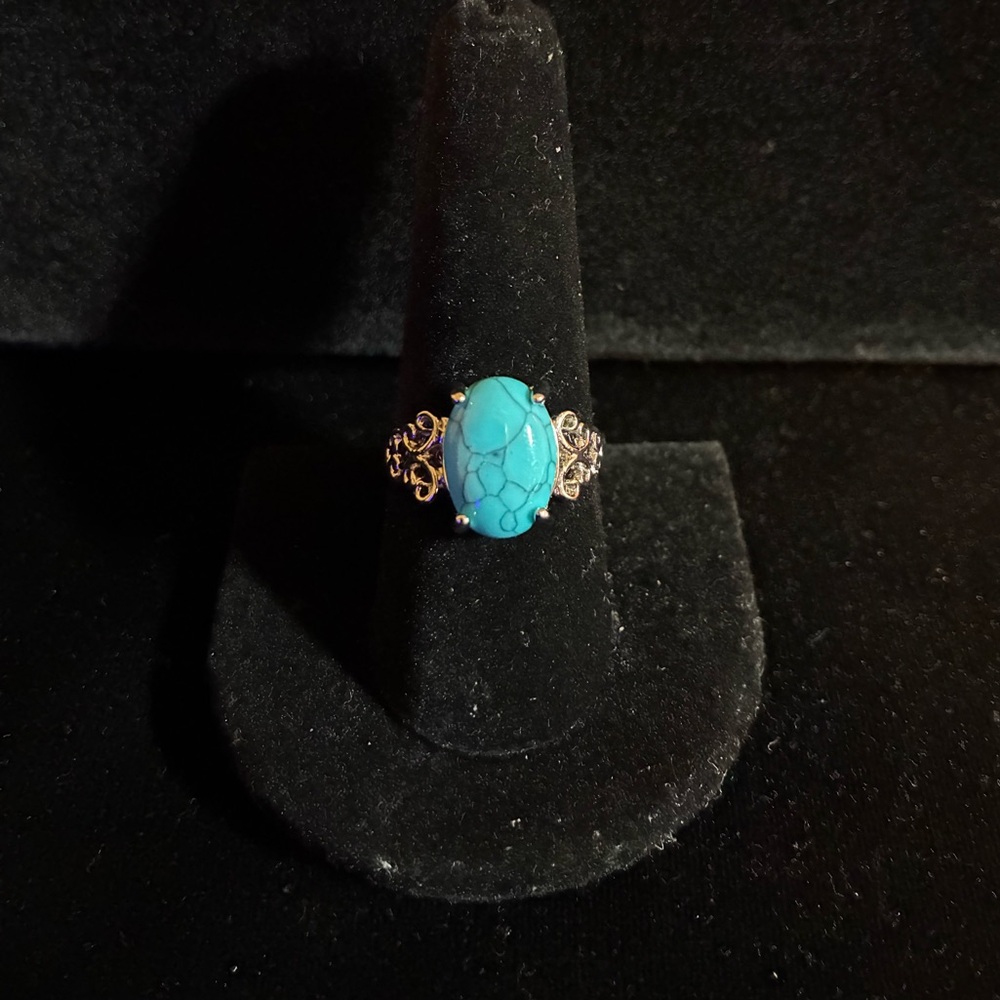 Large Oval Blue Faux Turquoise Cocktail Ring, Size 9.25